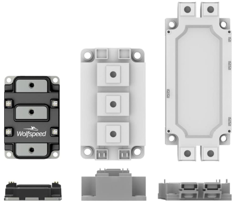 An illustration of three power packages, the leftmost package is the Wolfspeed XM3 module. 