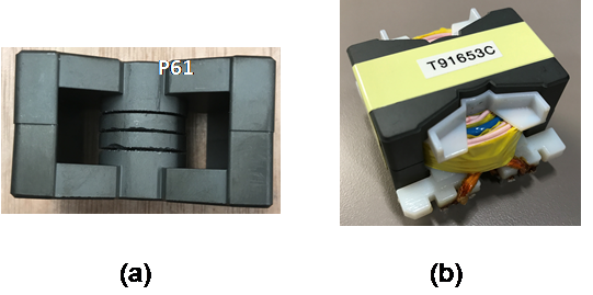 Figure 2: Low-profile transformer (PQ50/28 P61) with leakage inductance used for resonant inductor: (a) magnetic core with distributed airgaps, and (b) experimental transformer prototype